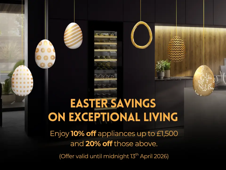 Luxury kitchen scene with premium appliances and Easter promotional discount offer